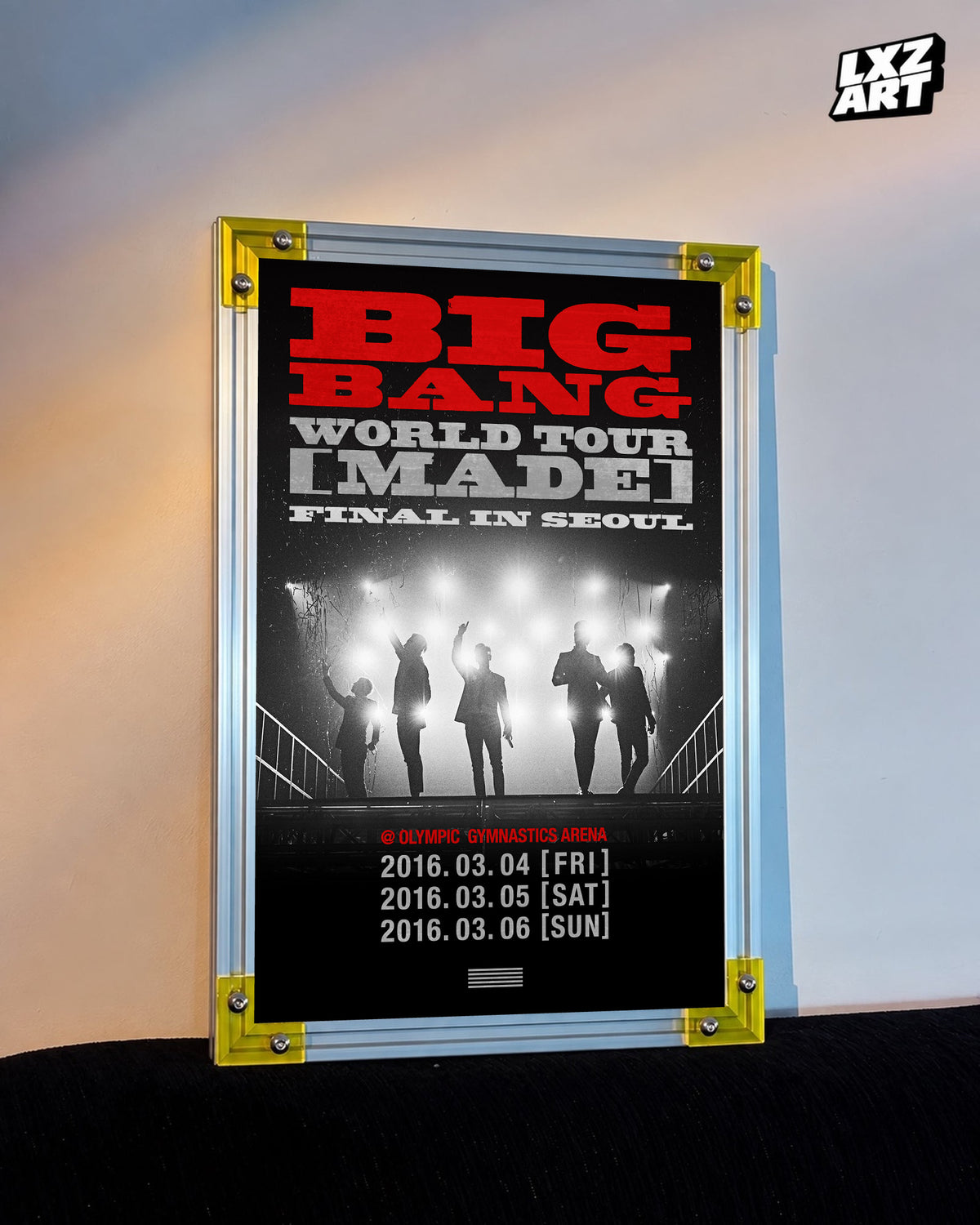 BIGBANG MADE Final in Seoul Silhouette Concert Poster displayed against a warm wall in a yellow-corner frame; unframed print, frame not included