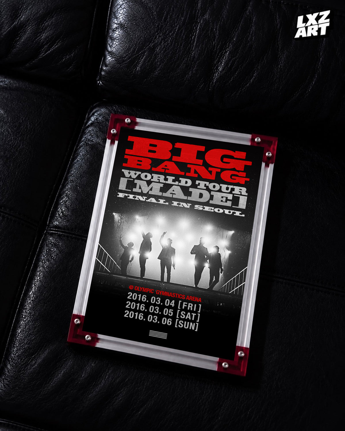 BIGBANG MADE Final in Seoul Silhouette Concert Poster displayed on a black leather sofa in a red-corner frame; unframed print, frame not included