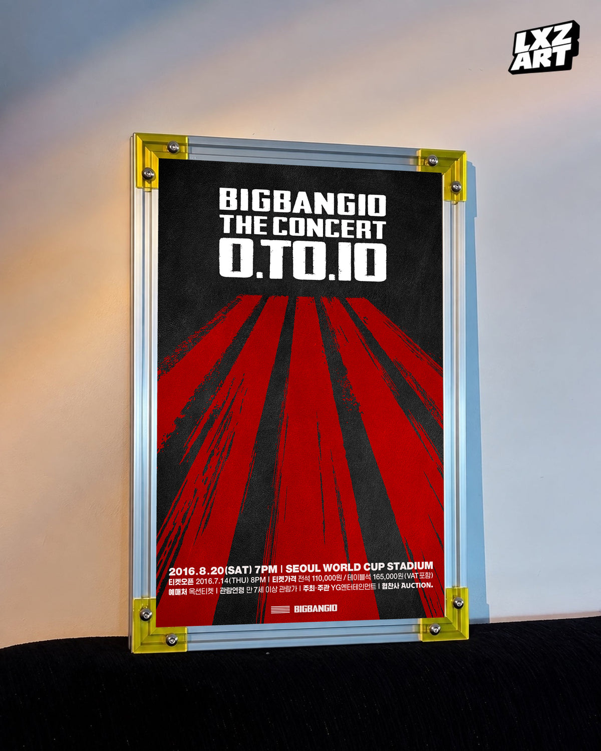 BIGBANG 0.TO.10 Seoul Red Rays Concert Poster displayed against a warm wall in a yellow-corner frame; unframed print, frame not included