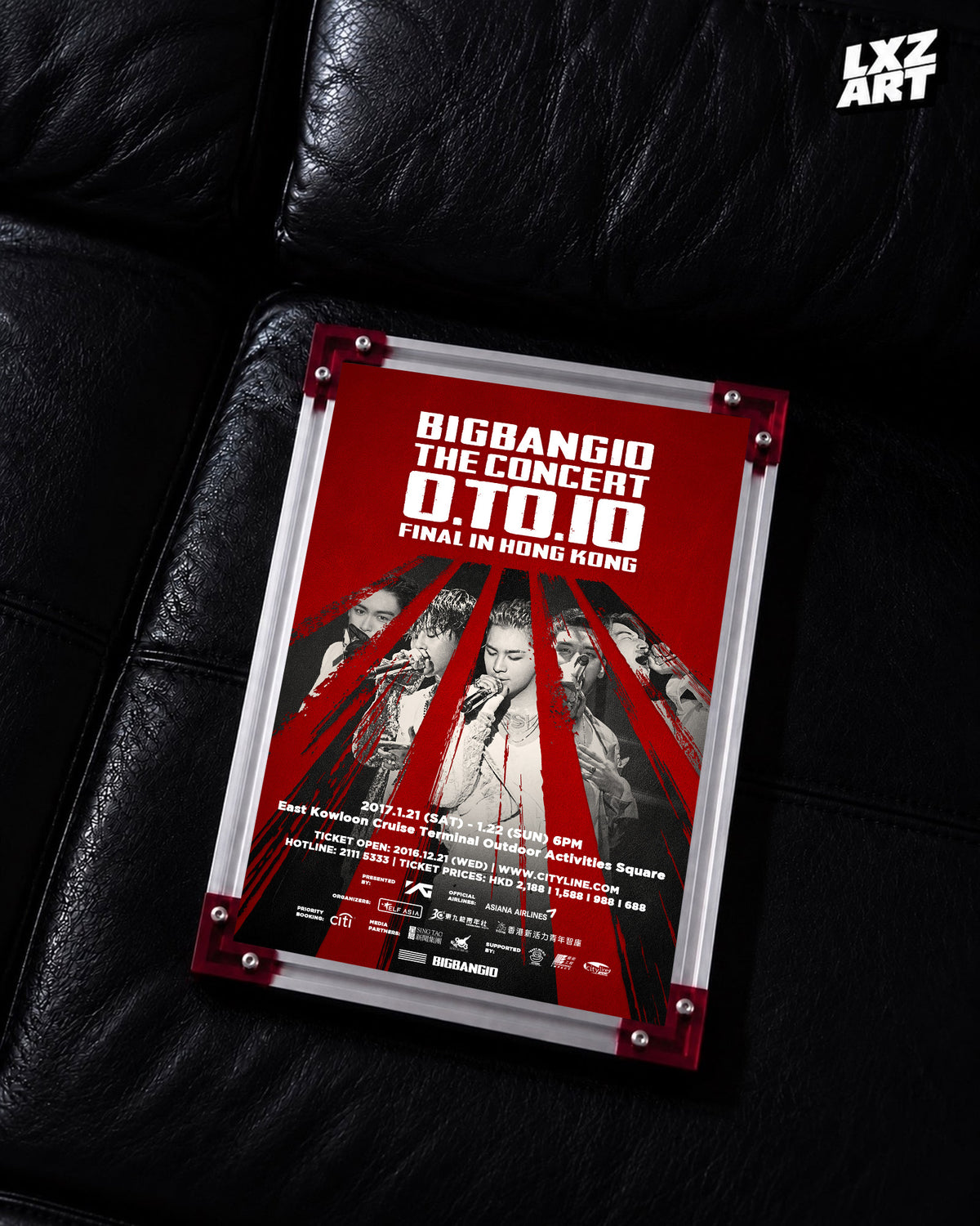BIGBANG 0.TO.10 Hong Kong Finale Concert Poster displayed on a black leather sofa in a red-corner frame; unframed print, frame not included