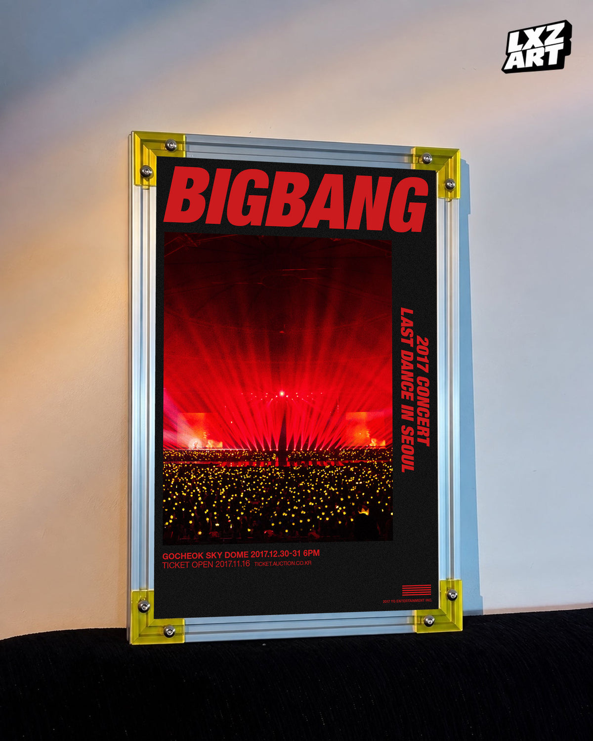 BIGBANG Last Dance Seoul Red Stage Concert Poster displayed against a warm wall in a yellow-corner frame; unframed print, frame not included