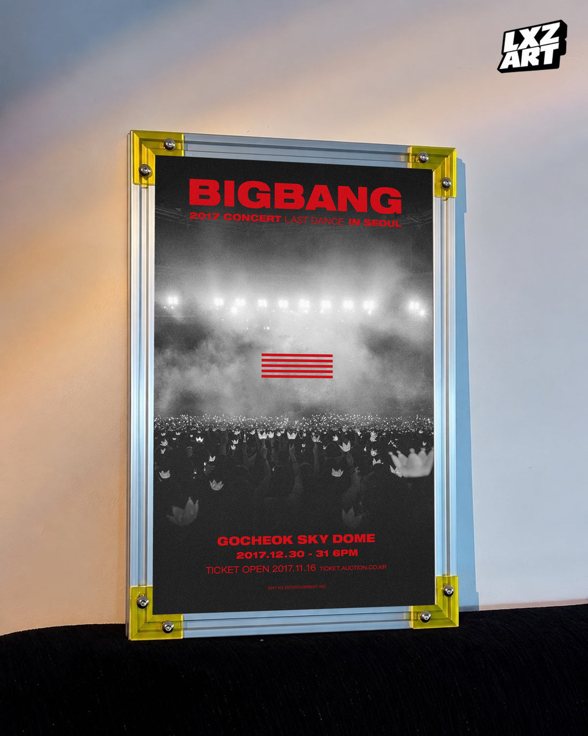 BIGBANG Last Dance Seoul Monochrome Crowd Concert Poster displayed against a warm wall in a yellow-corner frame; unframed print, frame not included