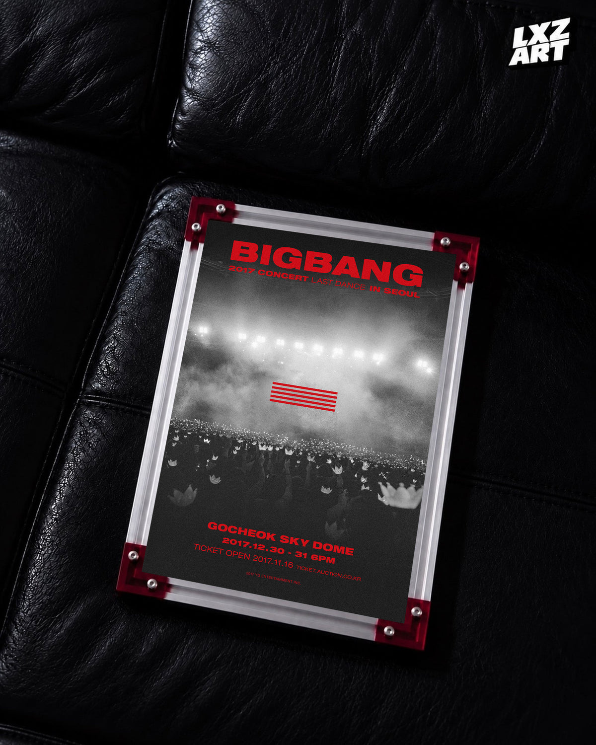 BIGBANG Last Dance Seoul Monochrome Crowd Concert Poster displayed on a black leather sofa in a red-corner frame; unframed print, frame not included