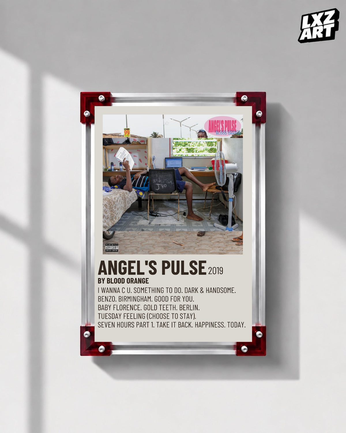 Blood Orange Angel's Pulse cream condensed tracklist poster displayed on a gray wall in the red-corner frame; unframed print, frame not included