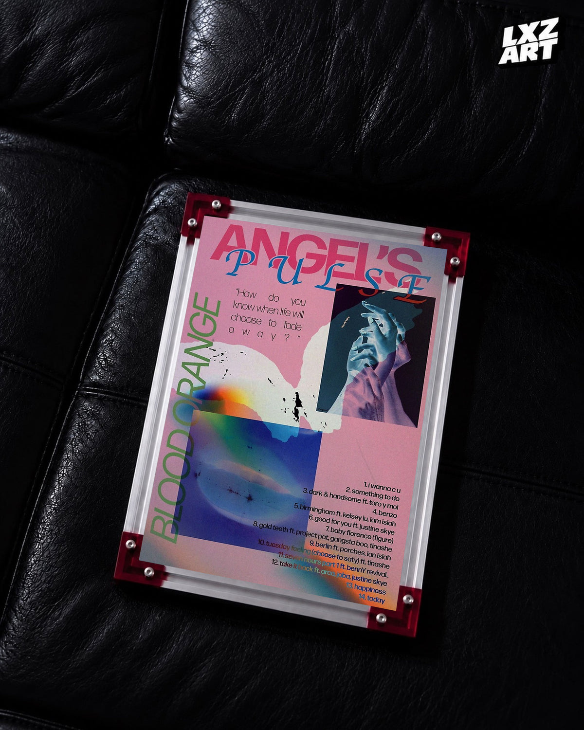 Blood Orange Angel's Pulse pink blue graphic poster displayed on a black leather sofa in the red-corner frame; unframed print, frame not included