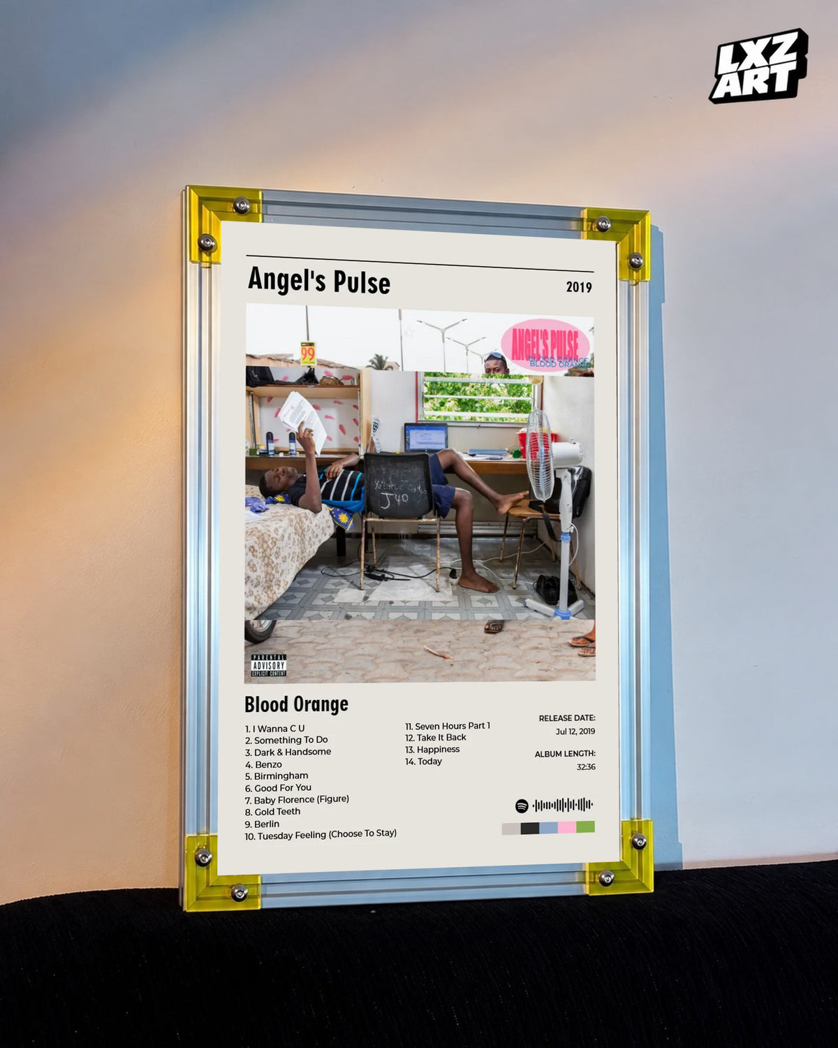 Blood Orange Angel's Pulse numbered tracklist poster displayed against a warm-lit wall in the yellow-corner frame; unframed print, frame not included