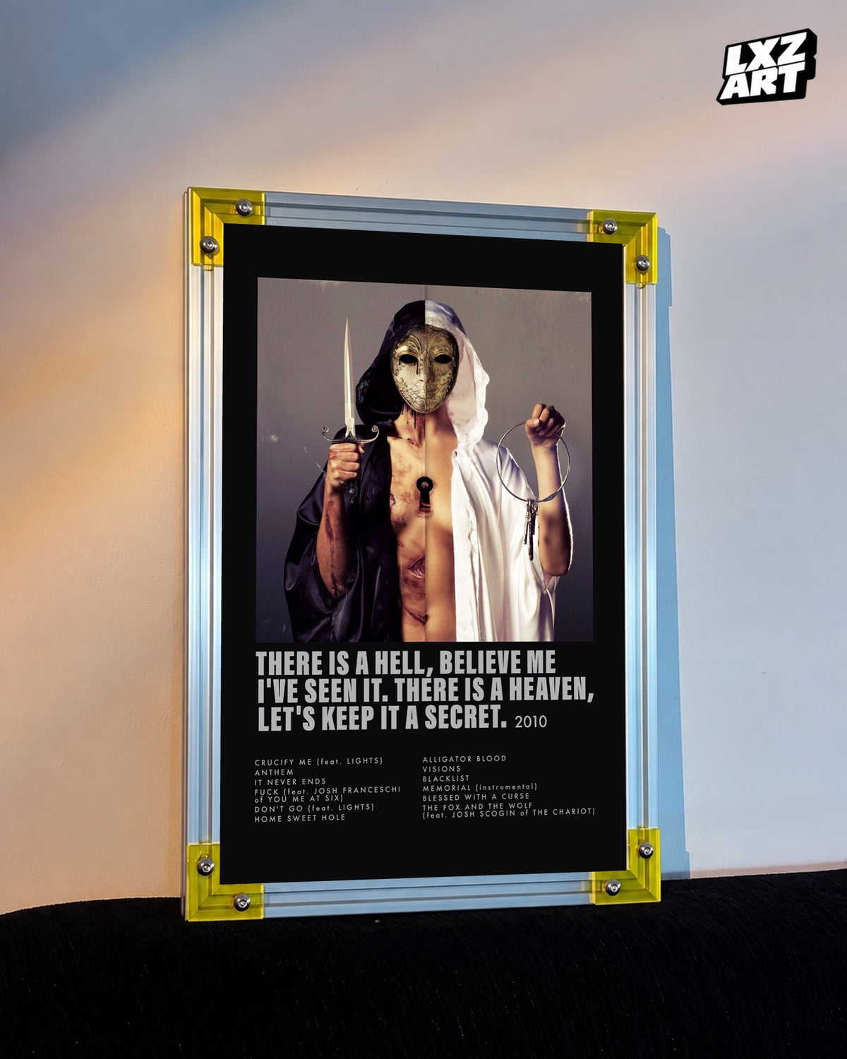 Bring Me The Horizon There Is a Hell black tracklist poster displayed against a warm wall in a yellow-corner frame; unframed print, frame not included