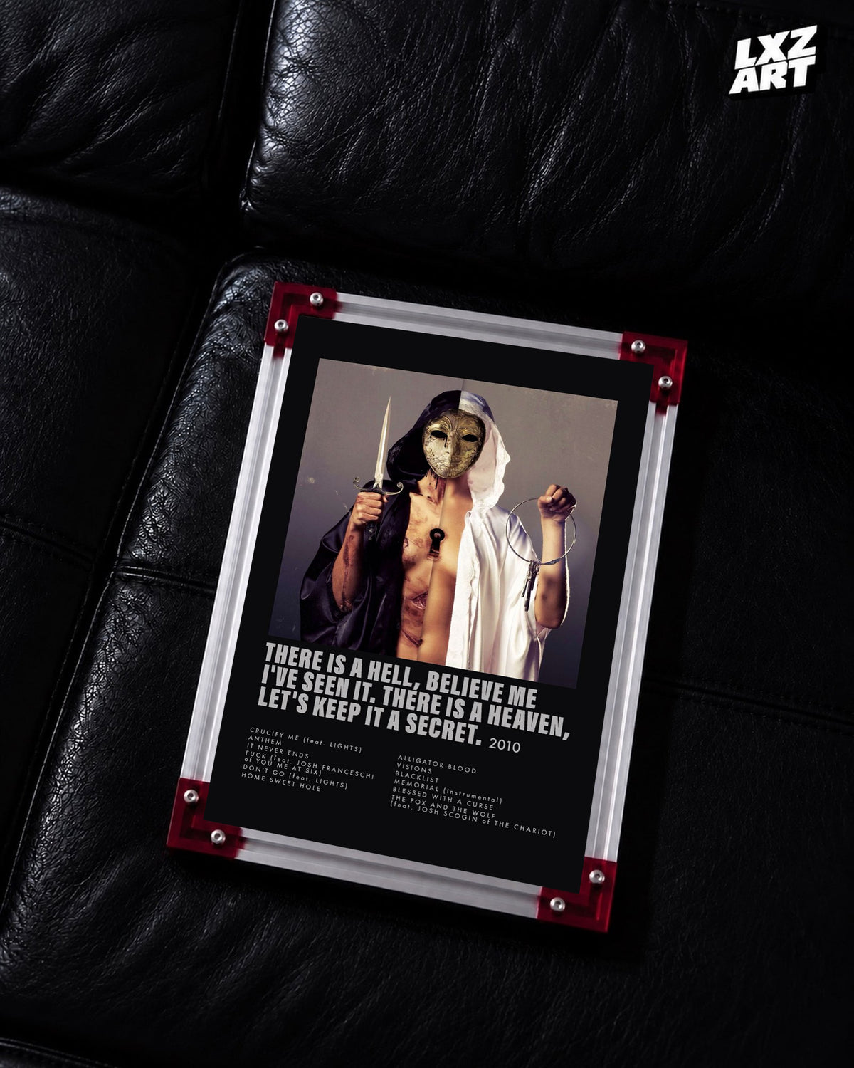 Bring Me The Horizon There Is a Hell black tracklist poster displayed on a black leather sofa in a red-corner frame; unframed print, frame not included