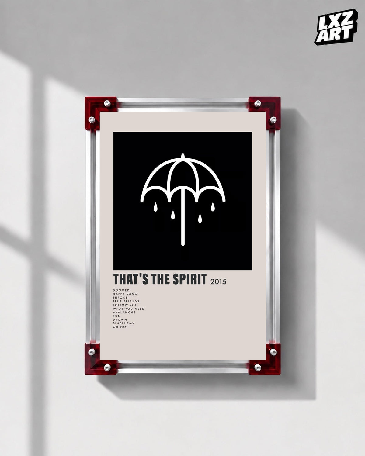 Bring Me The Horizon That's the Spirit umbrella tracklist poster displayed on a gray wall in a red-corner frame; unframed print, frame not included