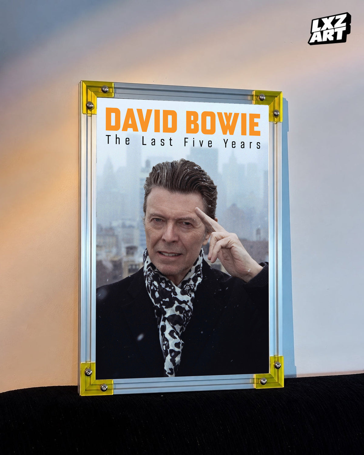 David Bowie The Last Five Years Portrait poster displayed on warm wall with yellow frame corners; frame not included