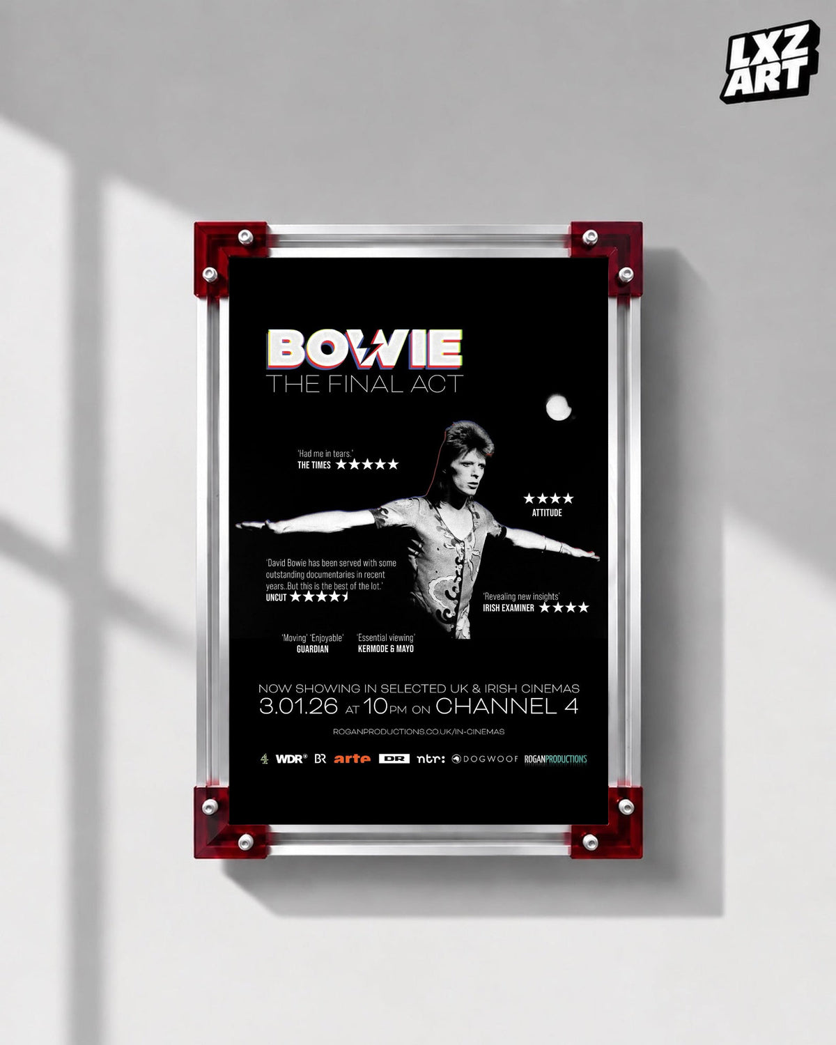 David Bowie The Final Act Stage Portrait poster displayed on gray wall with red frame corners; frame not included