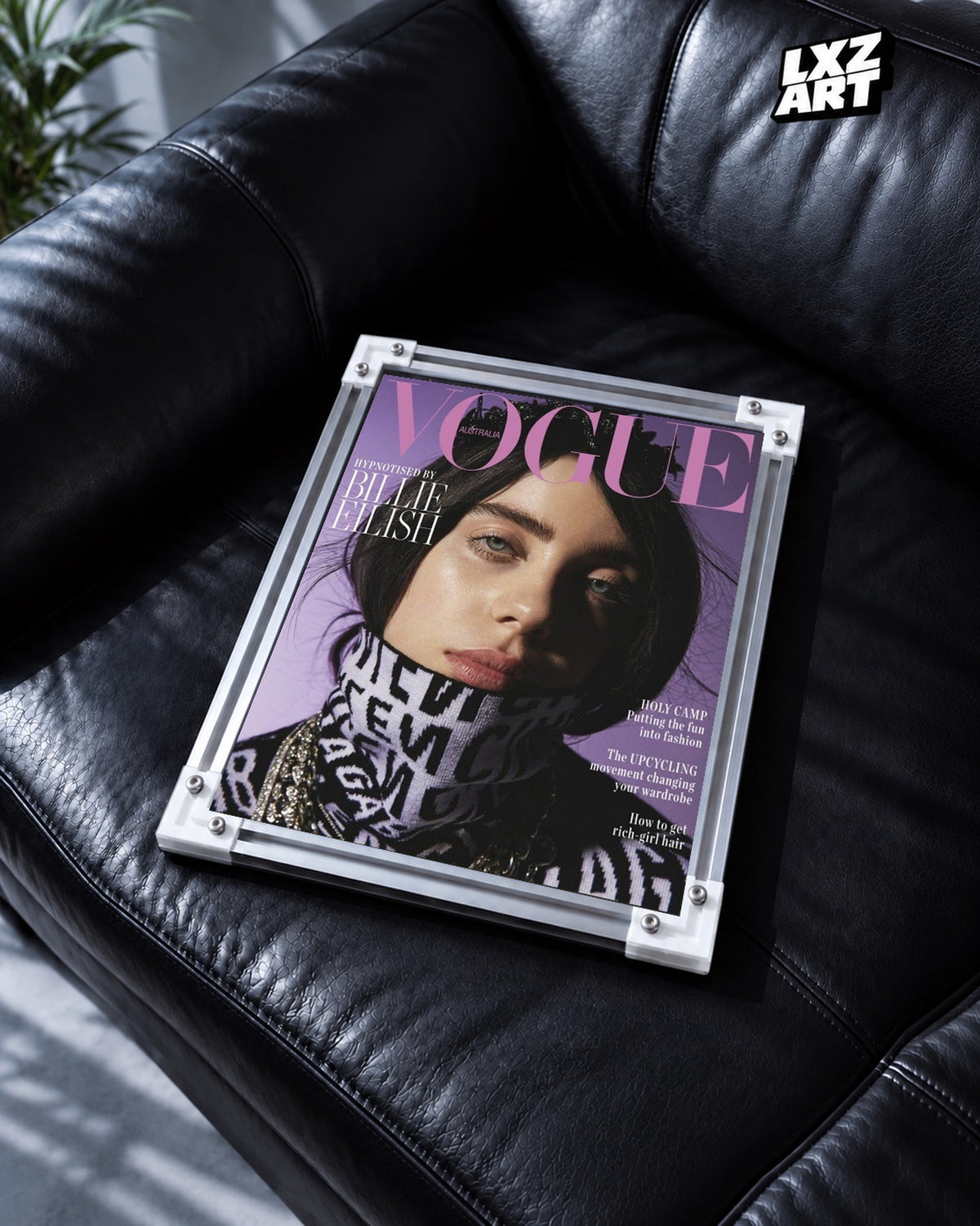 Billie Eilish Magazine Cover Portrait Poster | Unframed Bedroom Wall Art — black leather sofa display; unframed print, frame not included
