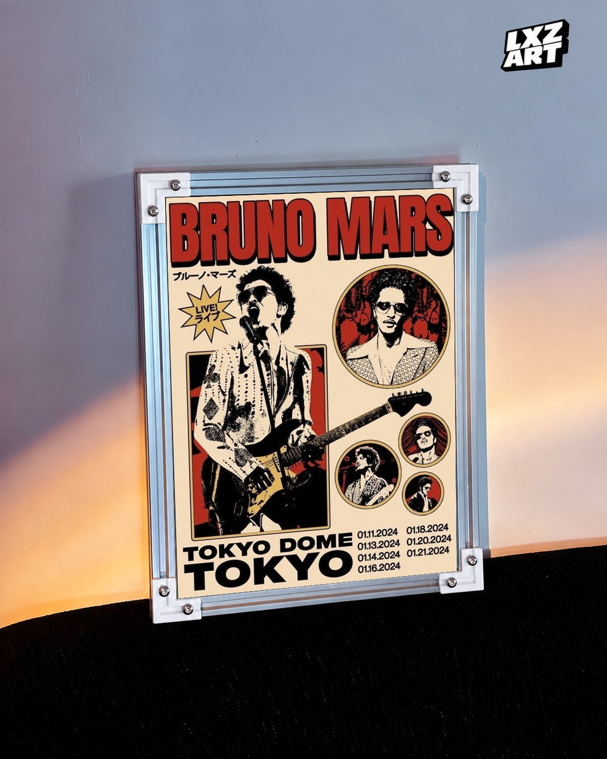 Bruno Mars Tokyo Dome Concert Poster Wall Art — warm wall display; unframed print, frame not included