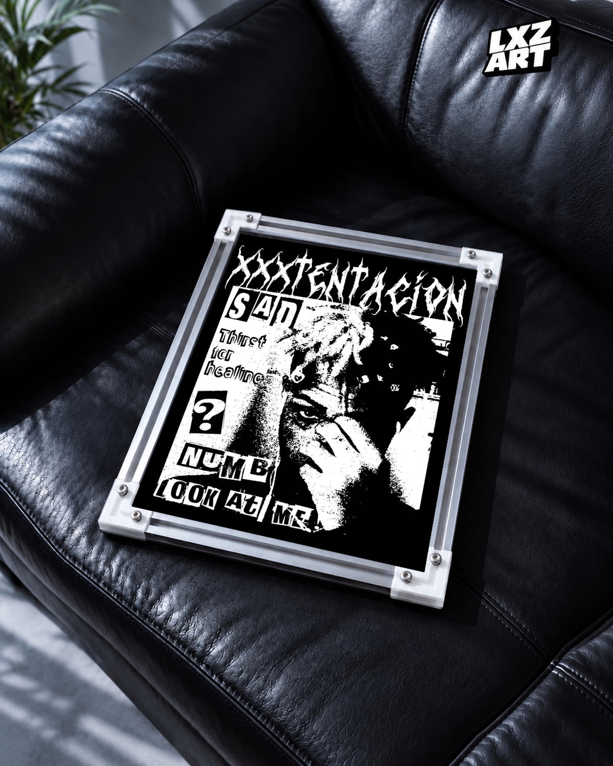 XXXTentacion Question Mark Era Grunge Poster | Unframed Emo Rap Wall Art — black leather sofa display; unframed print, frame not included