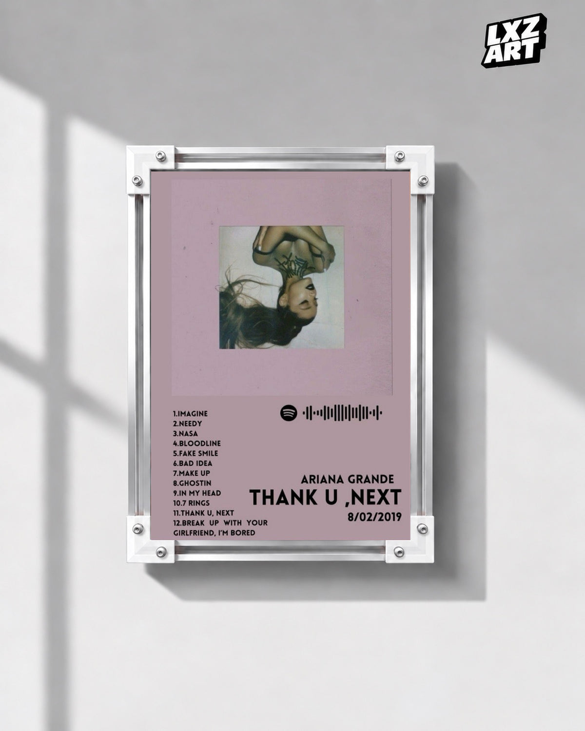 Ariana Grande Thank U, Next Tracklist Poster | Unframed Bedroom Wall Art — gray wall display; unframed print, frame not included