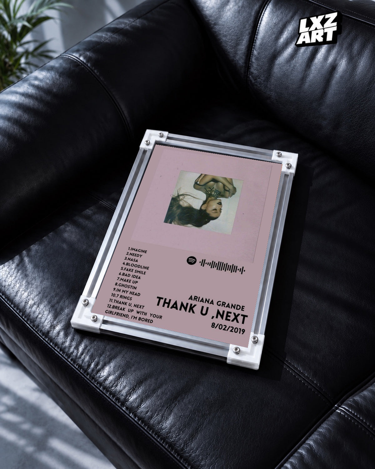 Ariana Grande Thank U, Next Tracklist Poster | Unframed Bedroom Wall Art — black leather sofa display; unframed print, frame not included