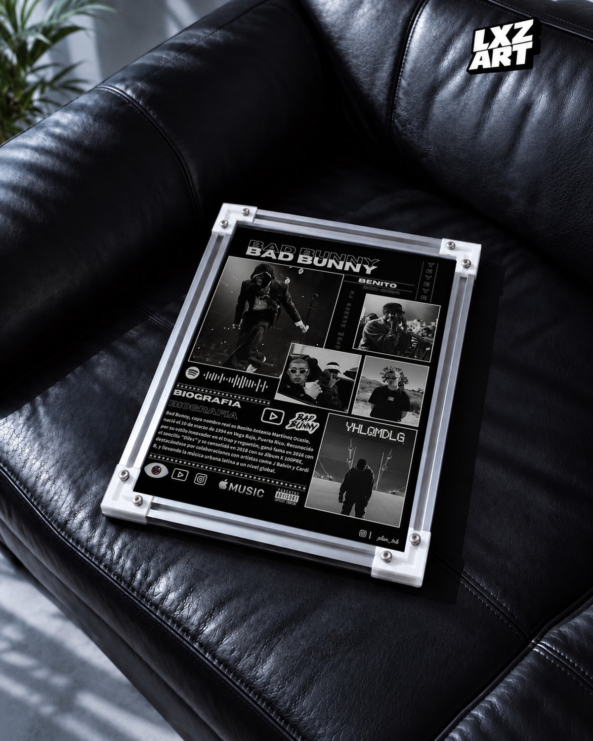 Bad Bunny Black Collage Poster | Unframed Bedroom Wall Art — black leather sofa display; unframed print, frame not included