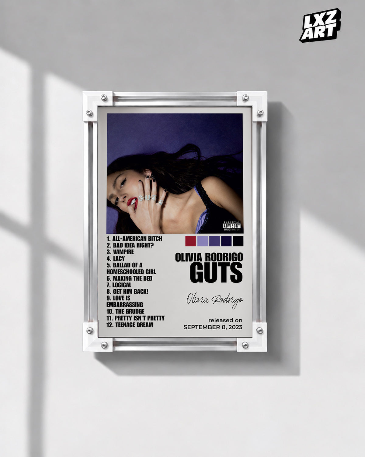 Olivia Rodrigo GUTS White Palette Tracklist Poster | Unframed Wall Art — gray wall display; unframed print, frame not included