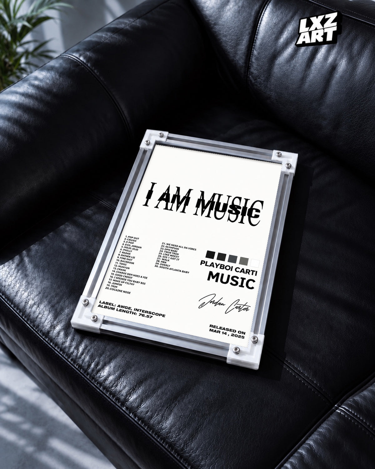 Playboi Carti I AM MUSIC Layered Typography Tracklist Poster | Unframed Wall Art — black leather sofa display; unframed print, frame not included