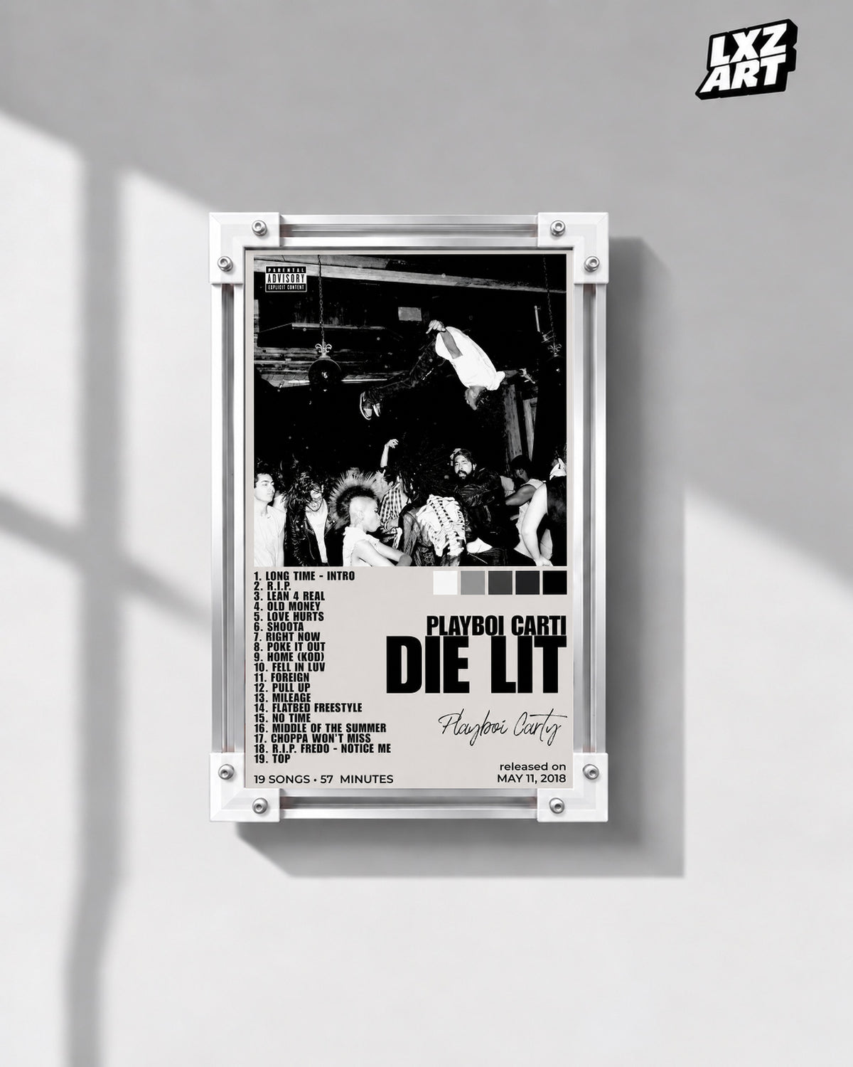 Playboi Carti Die Lit White Tracklist Poster | Unframed Wall Art — gray wall display; unframed print, frame not included