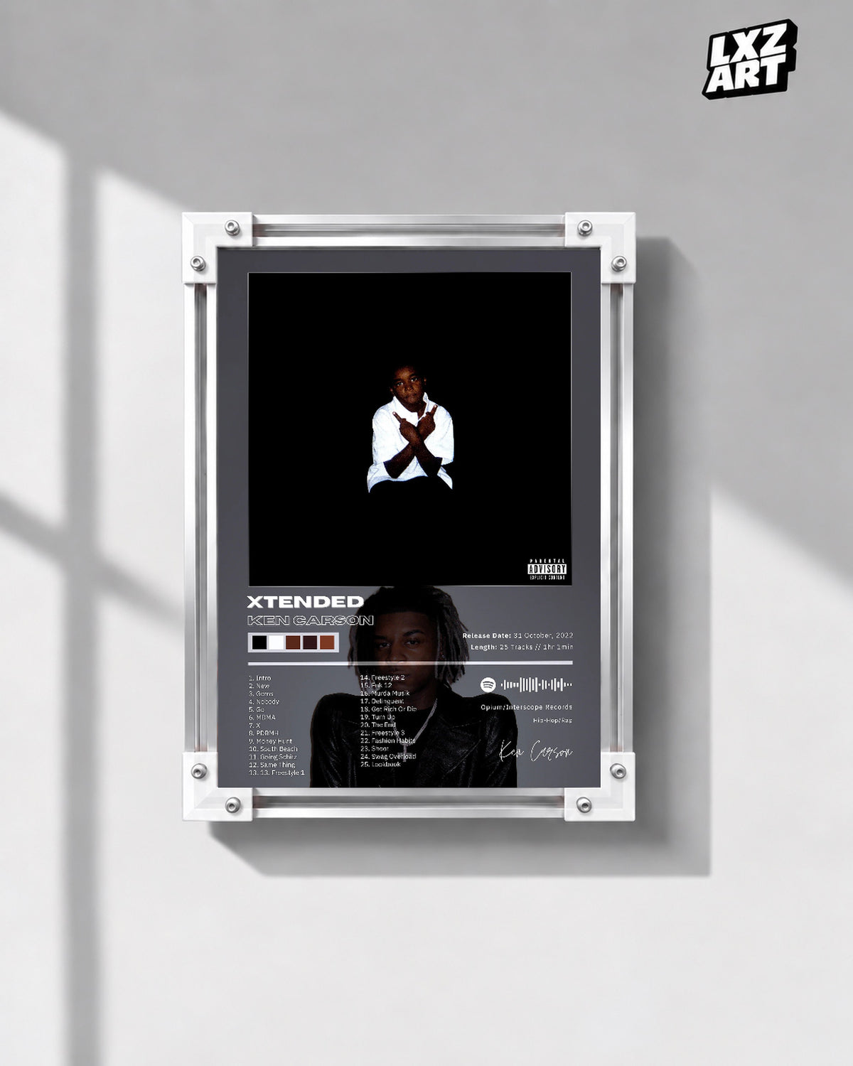 Ken Carson XTENDED Gray Studio Tracklist Poster | Unframed Wall Art — gray wall display; unframed print, frame not included