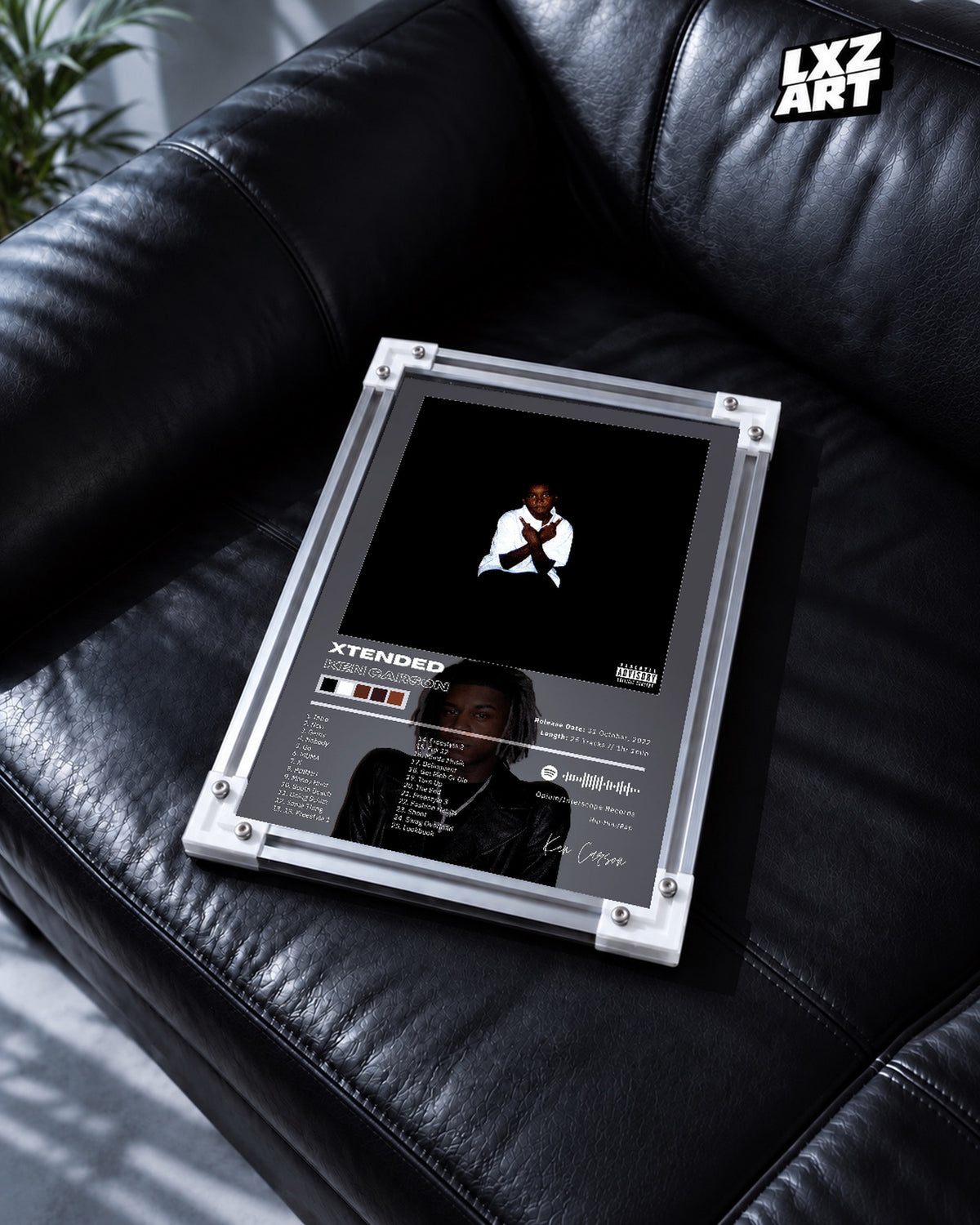 Ken Carson XTENDED Gray Studio Tracklist Poster | Unframed Wall Art — black leather sofa display; unframed print, frame not included