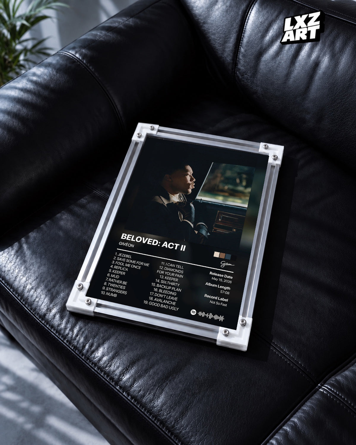 GIVĒON BELOVED: ACT II Black Tracklist Poster | Unframed Wall Art — black leather sofa display; unframed print, frame not included