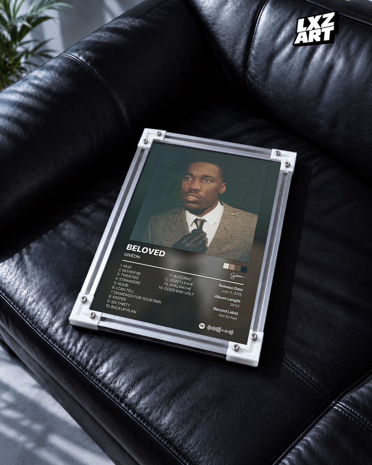 GIVĒON BELOVED Black Portrait Tracklist Poster | Unframed Wall Art — black leather sofa display; unframed print, frame not included