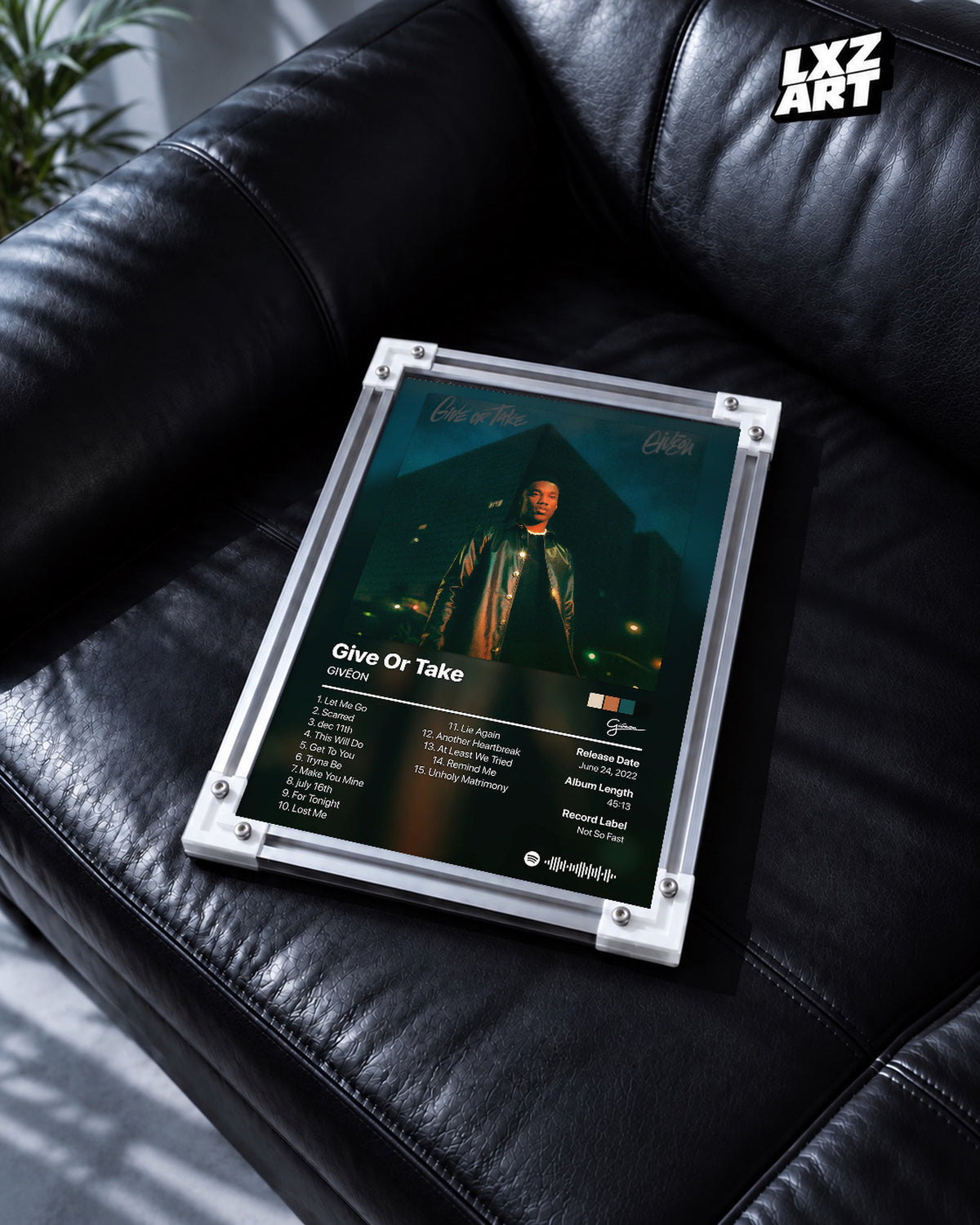 GIVĒON Give Or Take Black Tracklist Poster | Unframed Wall Art — black leather sofa display; unframed print, frame not included