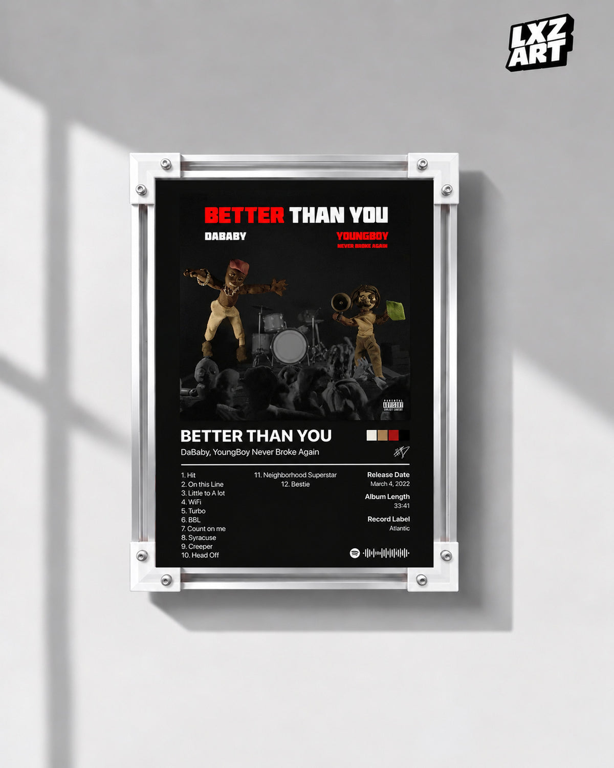 DaBaby YoungBoy Better Than You Tracklist Poster | Unframed Bedroom Wall Art — gray wall display; unframed print, frame not included