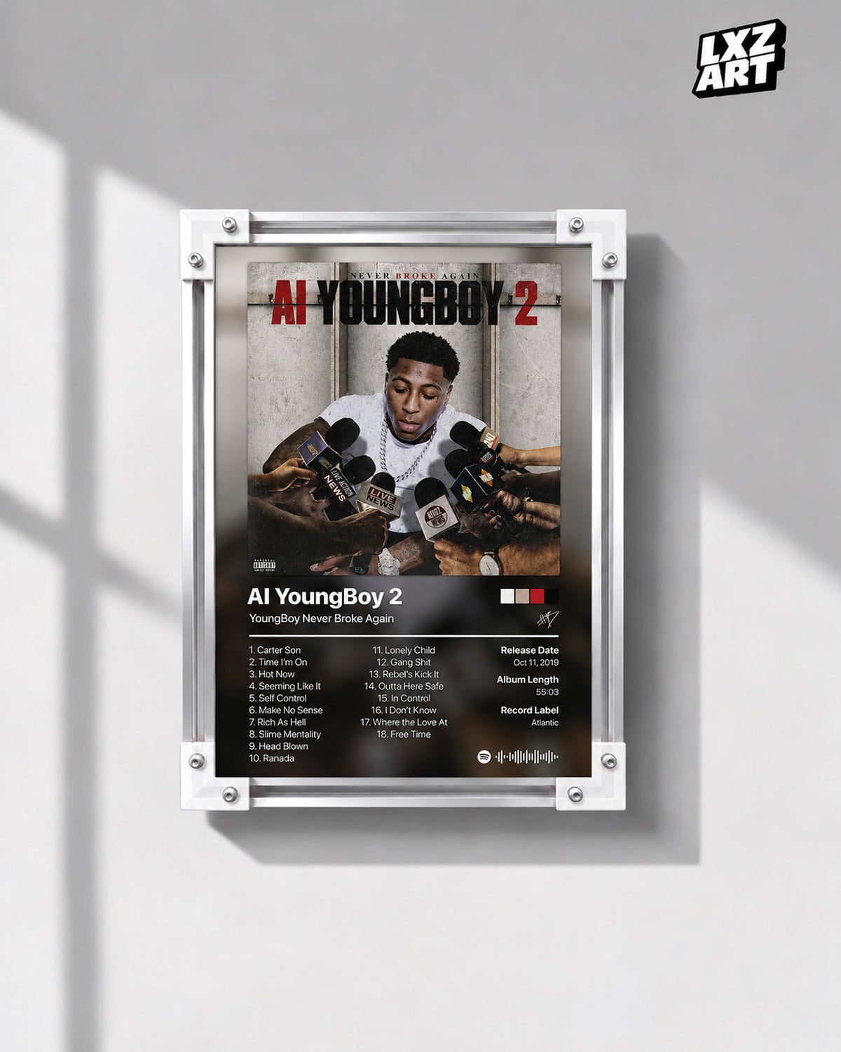 YoungBoy Never Broke Again AI YoungBoy 2 Tracklist Poster | Unframed Bedroom Wall Art — gray wall display; unframed print, frame not included