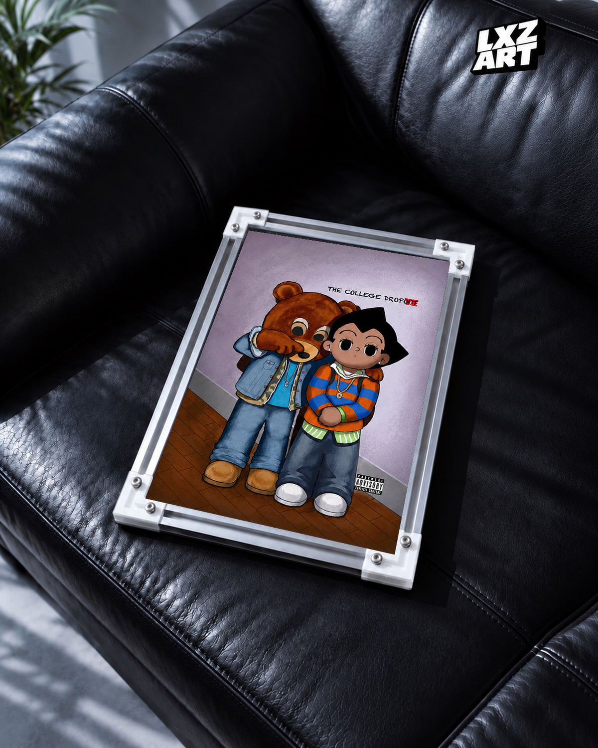 Kanye West The College Dropout × Astro Boy Poster | Unframed Wall Art — black leather sofa display; unframed print, frame not included