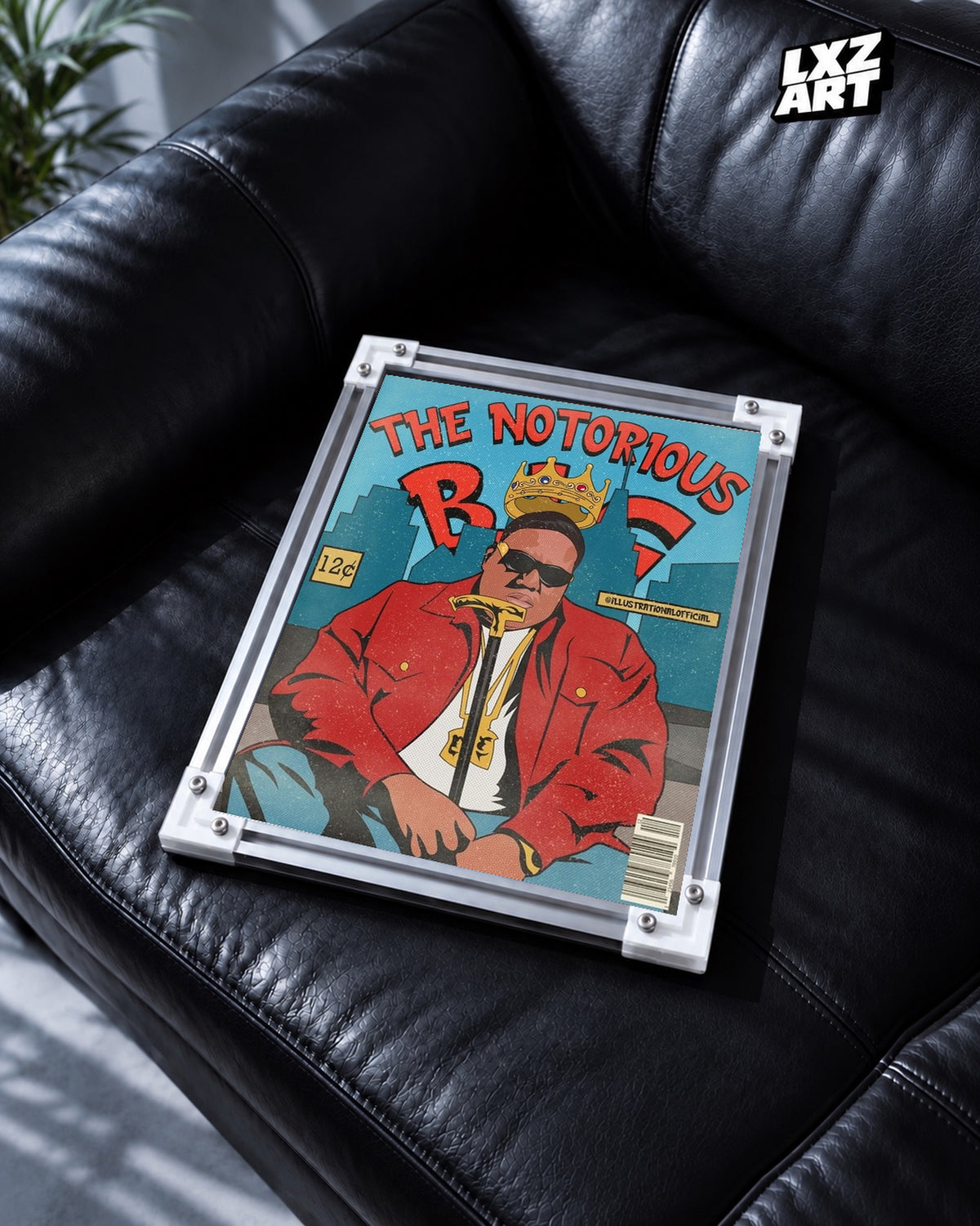 The Notorious B.I.G. Red Jacket Comic Style Poster | Unframed — black leather sofa display; unframed print, frame not included