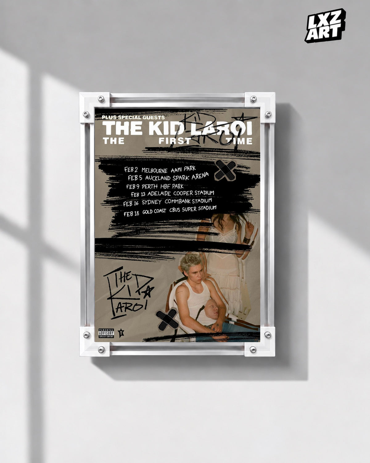 The Kid LAROI The First Time Tour Date Collage Poster | Unframed — gray wall display; unframed print, frame not included