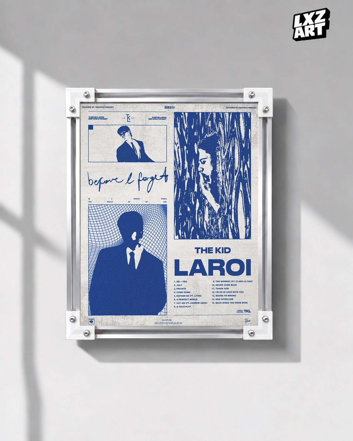 The Kid LAROI Before I Forget Blue Graphic Collage Poster | Unframed — gray wall display; unframed print, frame not included