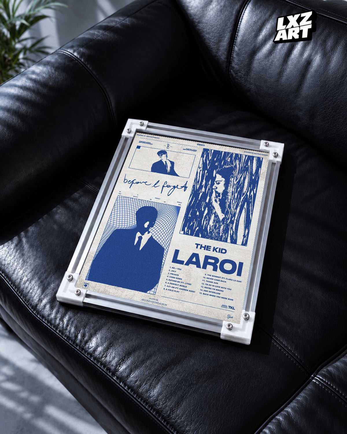 The Kid LAROI Before I Forget Blue Graphic Collage Poster | Unframed — black leather sofa display; unframed print, frame not included