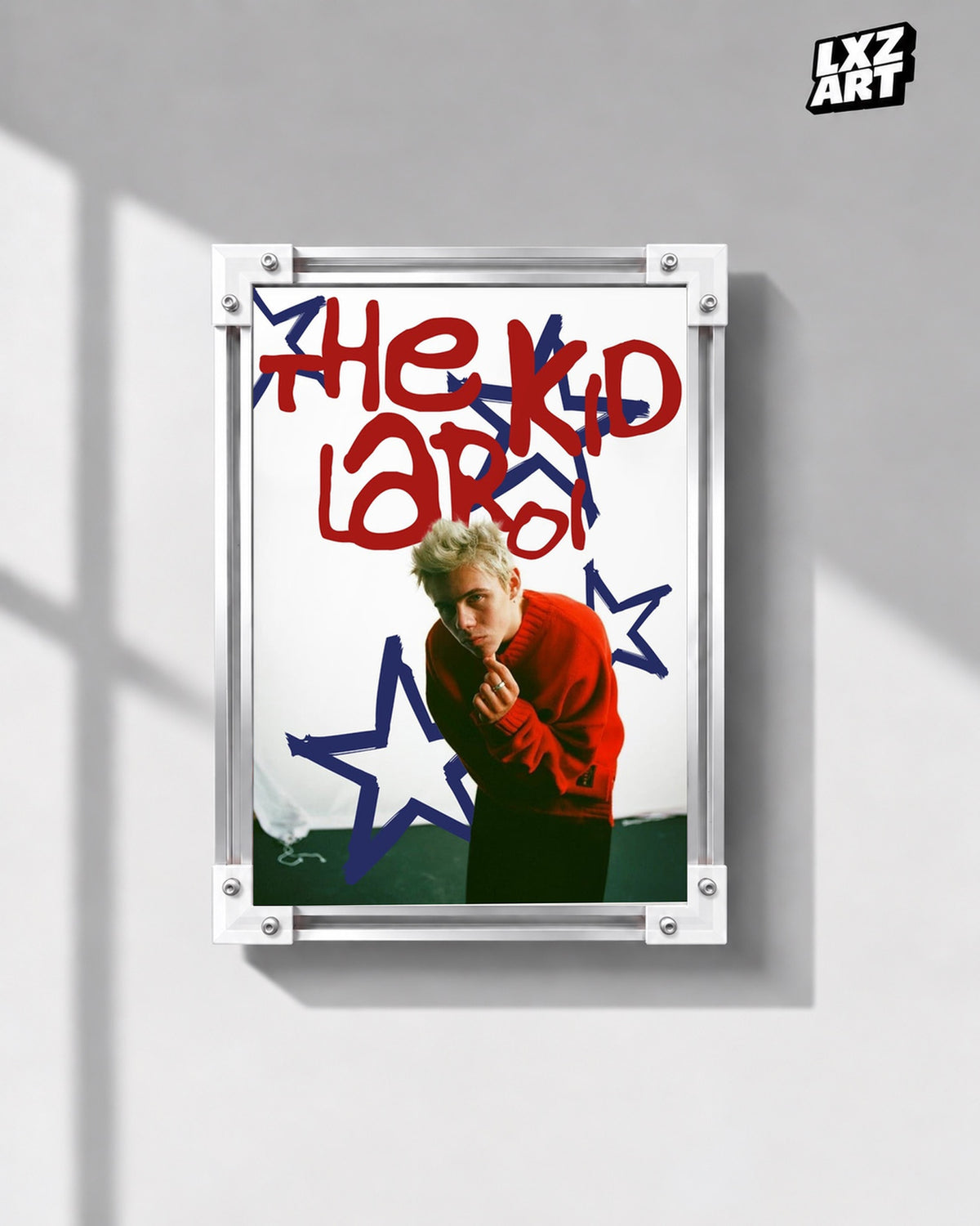 The Kid LAROI Red Sweater and Blue Stars Poster | Unframed — gray wall display; unframed print, frame not included