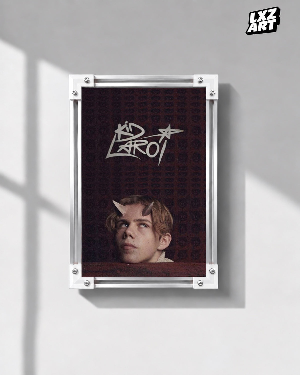 The Kid LAROI Burgundy Horned Portrait and Logo Poster | Unframed — gray wall display; unframed print, frame not included