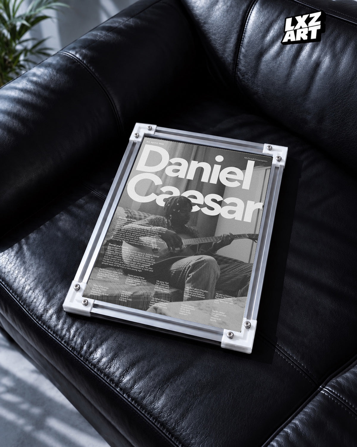 Daniel Caesar Black & White Guitar Portrait Poster | Unframed Wall Art — black leather sofa display; unframed print, frame not included