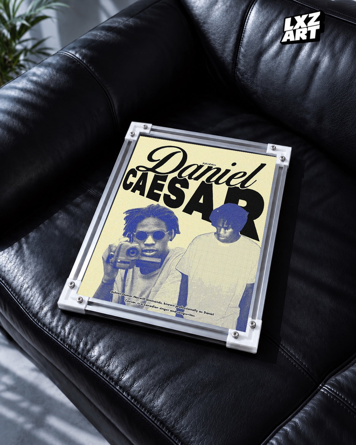 Daniel Caesar Yellow & Blue Camera Collage Poster | Unframed Wall Art — black leather sofa display; unframed print, frame not included