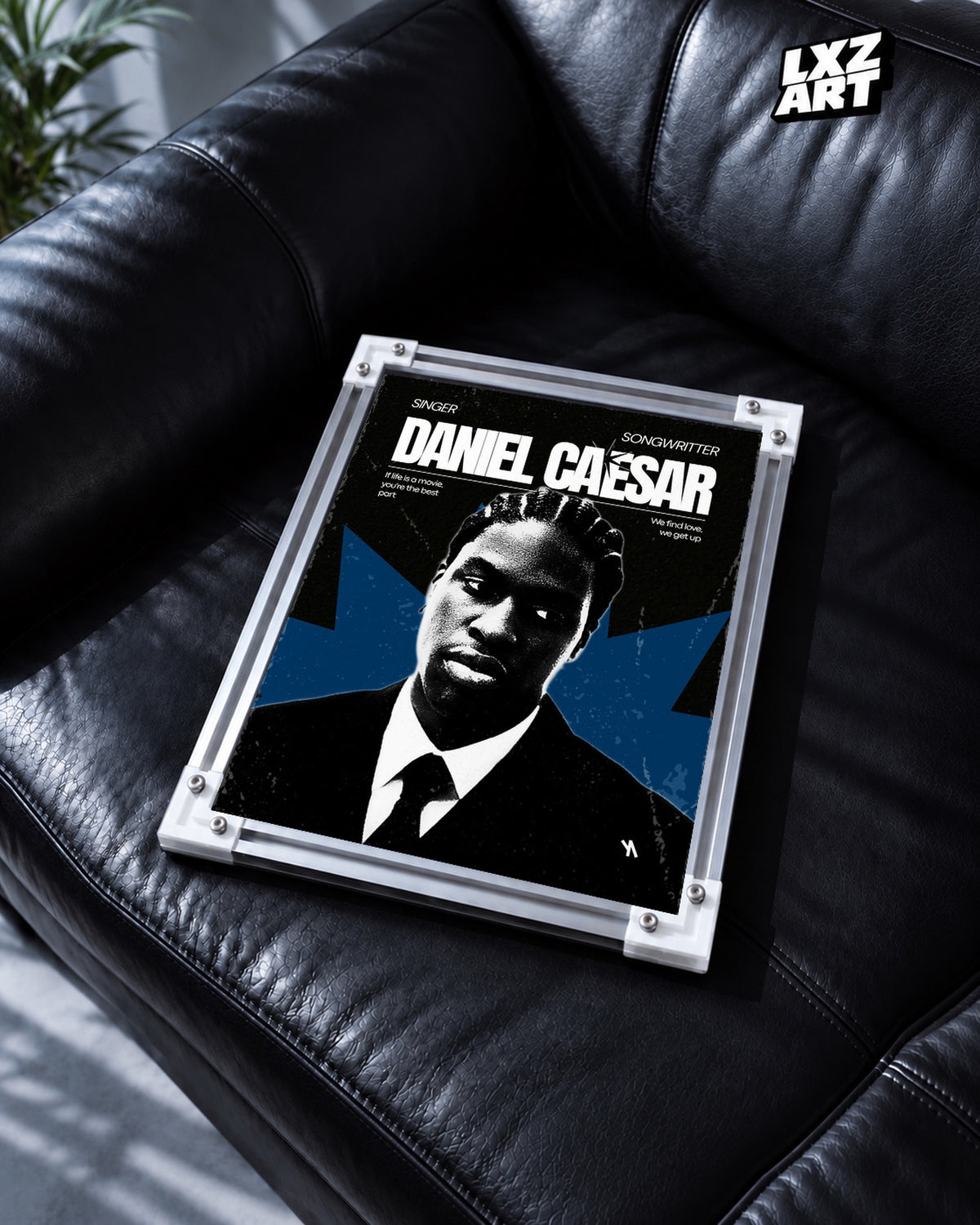 Daniel Caesar Blue Star Suit Portrait Poster | Unframed Wall Art — black leather sofa display; unframed print, frame not included
