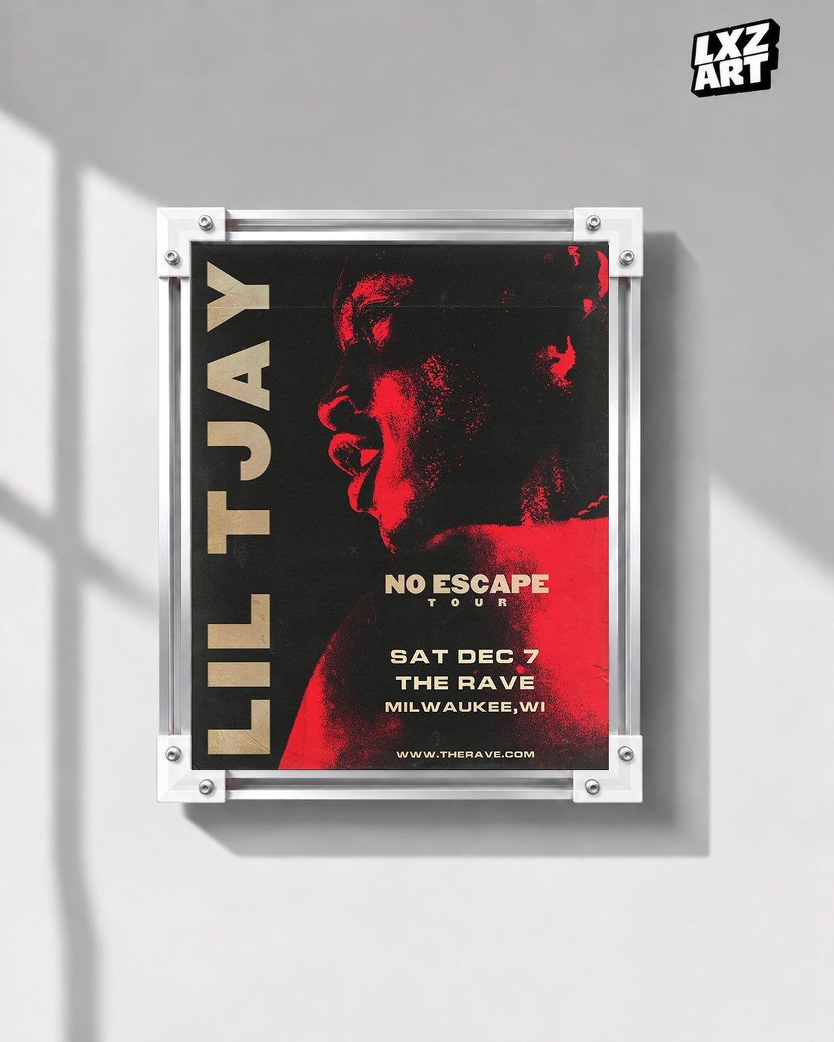 Lil Tjay No Escape Tour Red Milwaukee Poster | Unframed Wall Art — gray wall display; unframed print, frame not included