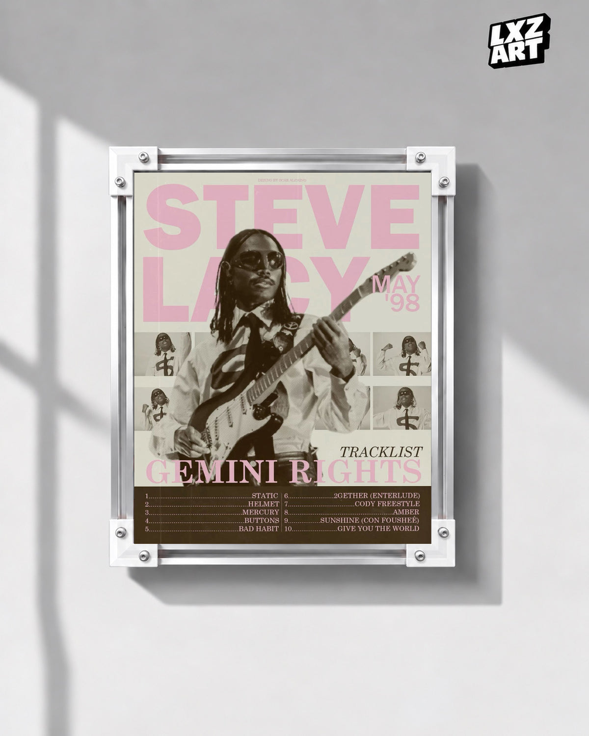 Steve Lacy Gemini Rights Pink Guitar Collage Poster | Unframed Wall Art — gray wall display; unframed print, frame not included
