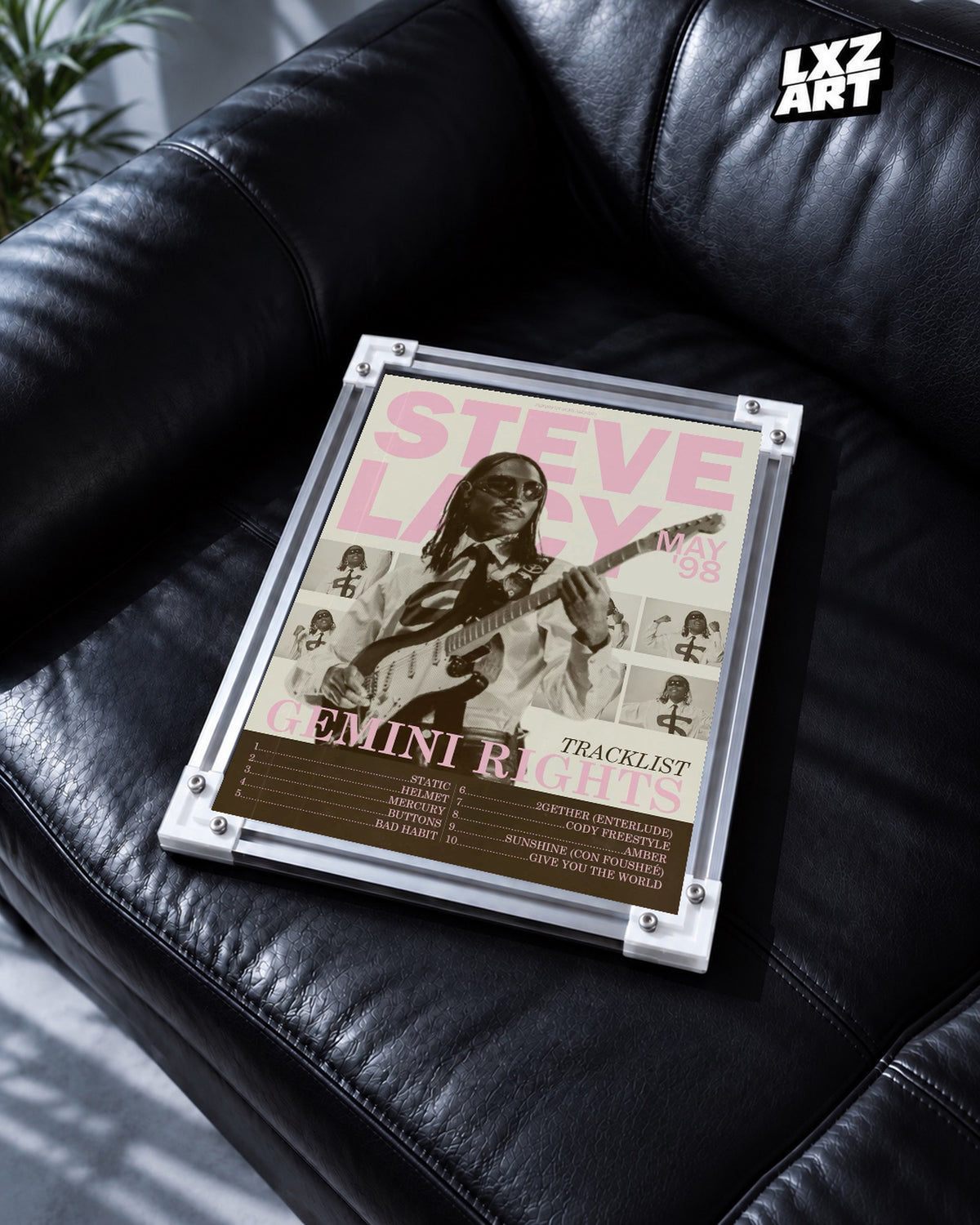 Steve Lacy Gemini Rights Pink Guitar Collage Poster | Unframed Wall Art — black leather sofa display; unframed print, frame not included