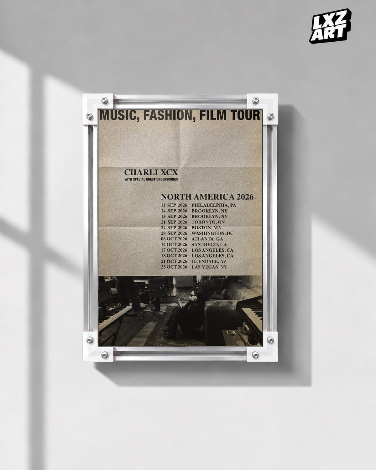 Charli xcx Music Fashion Film 2026 Tour unframed poster shown in the gray-wall frame display.