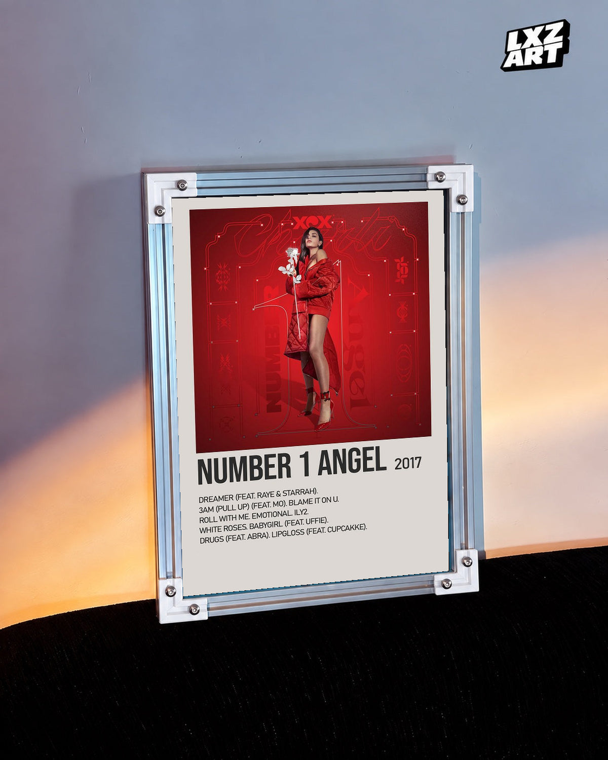 Charli xcx Number 1 Angel Red Tracklist unframed poster shown in the warm-lit wall display.