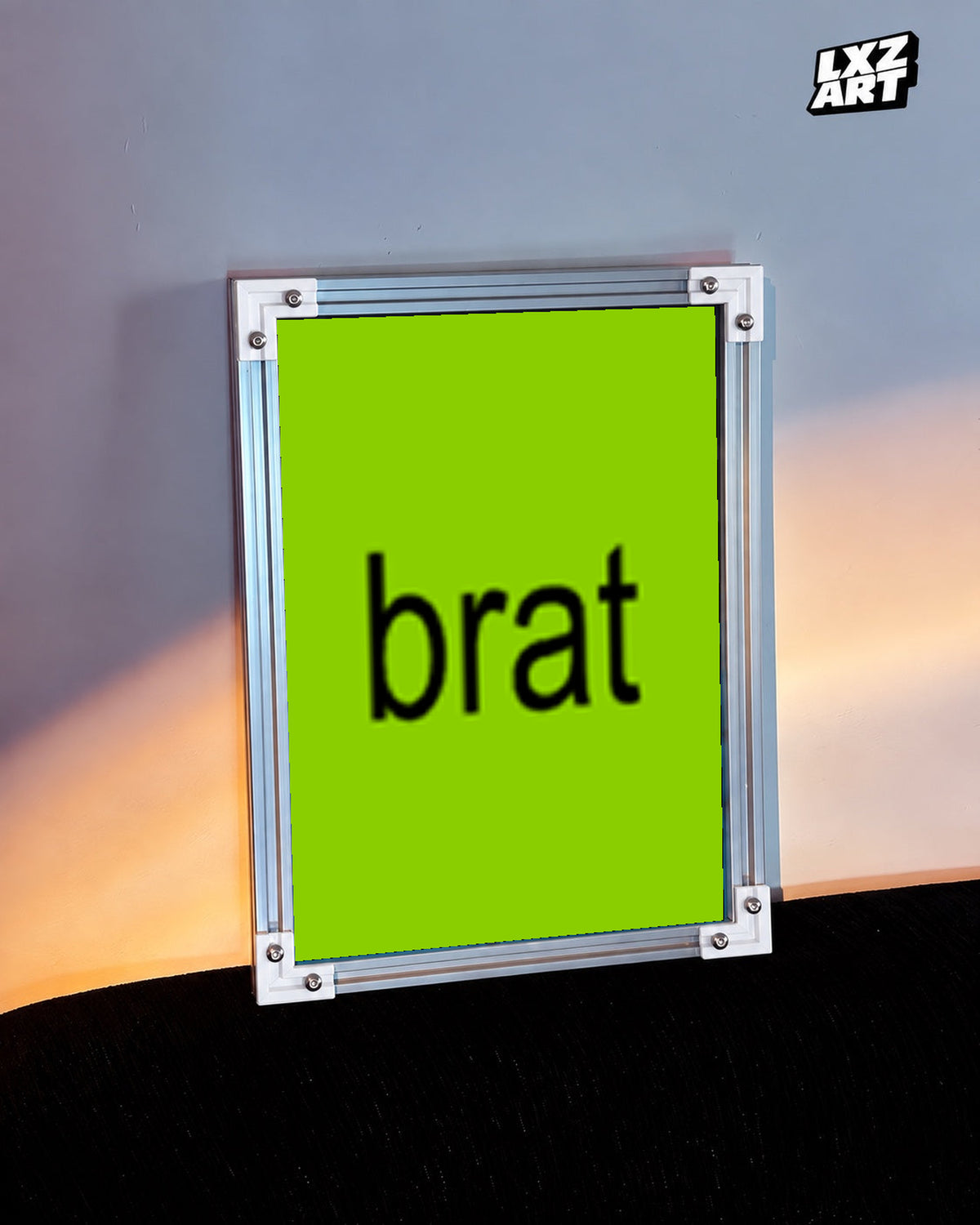 Charli xcx Brat Minimal Green Typography unframed poster shown in the warm-lit wall display.