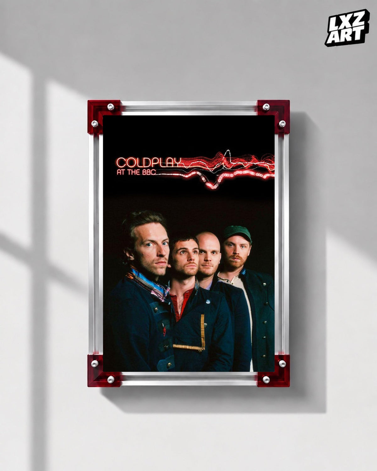 Coldplay At the BBC 2008 Poster displayed on a gray wall in a red-corner frame; unframed print, frame not included
