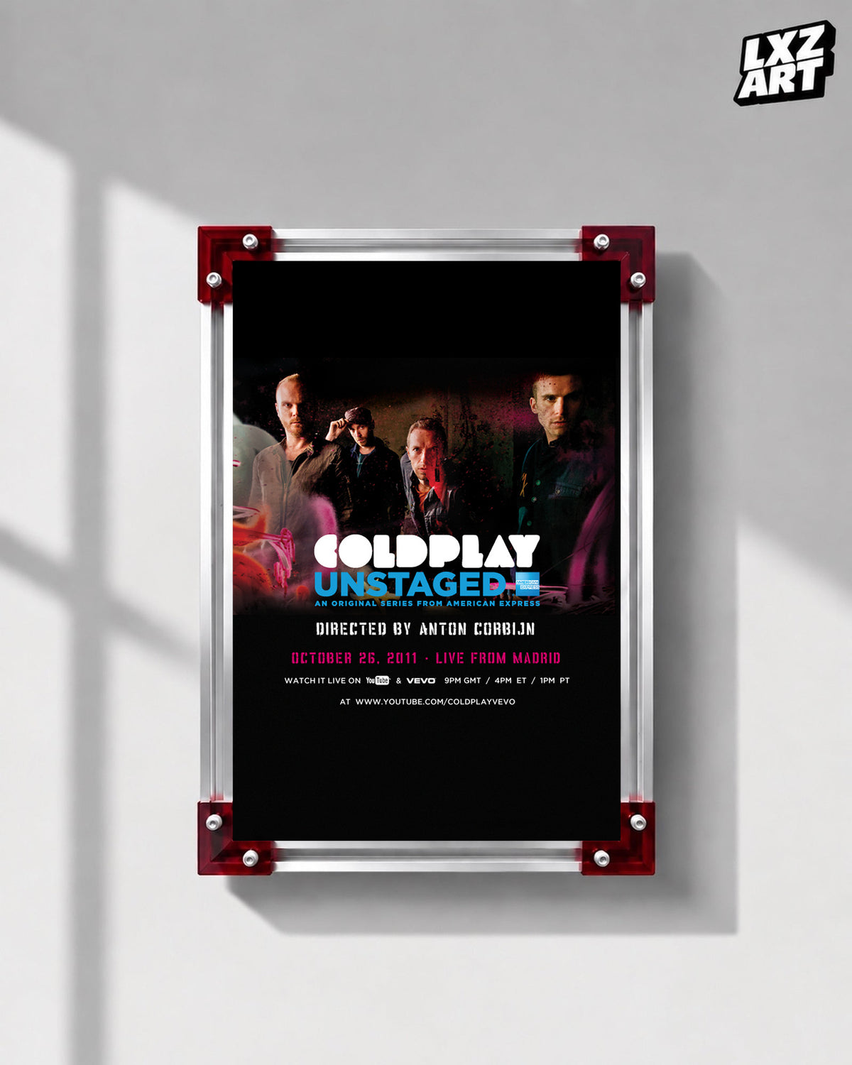 Coldplay Unstaged Live From Madrid 2011 Poster displayed on a gray wall in a red-corner frame; unframed print, frame not included