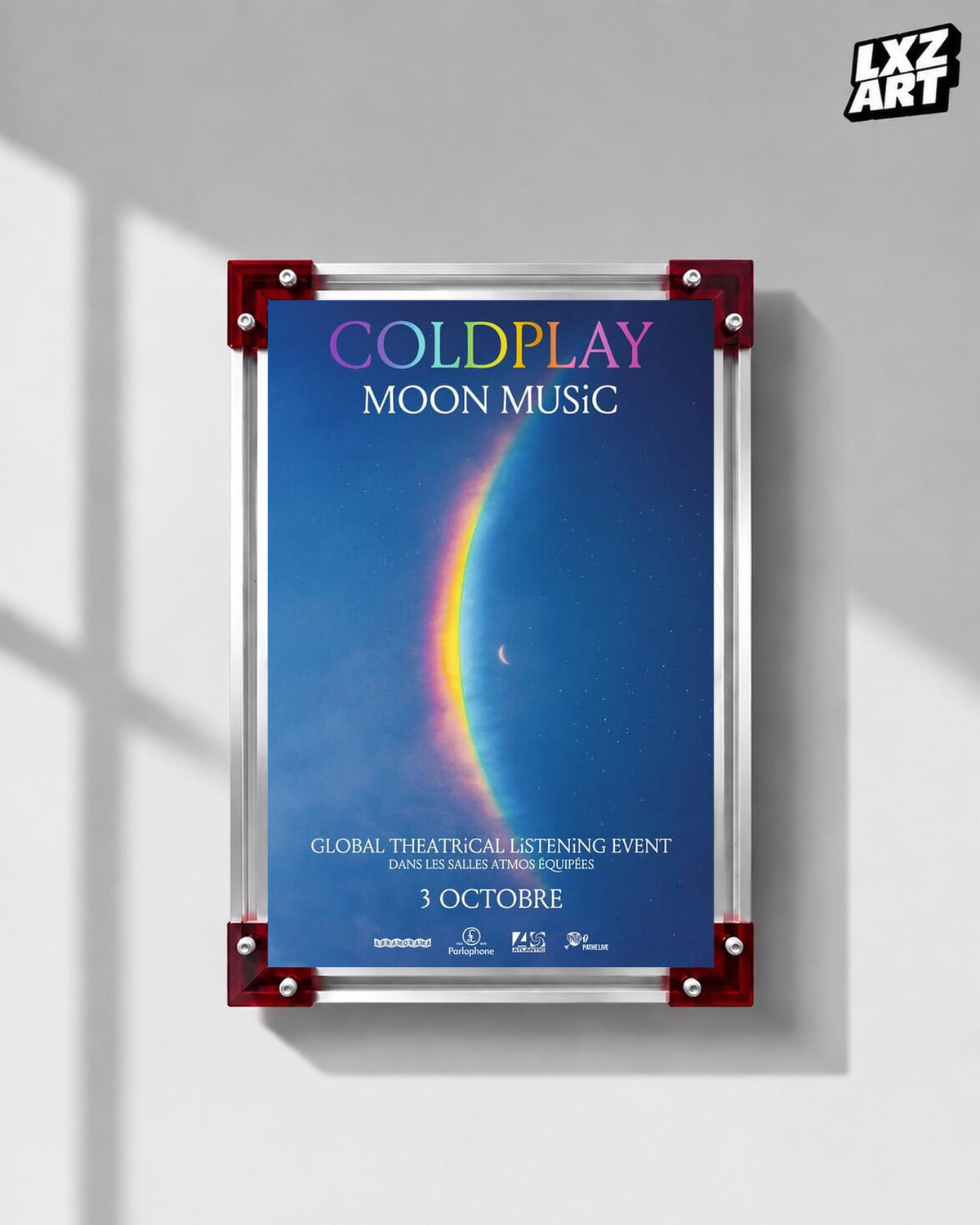 Coldplay Moon Music Global Theatrical Listening Event Poster displayed on a gray wall in a red-corner frame; unframed print, frame not included